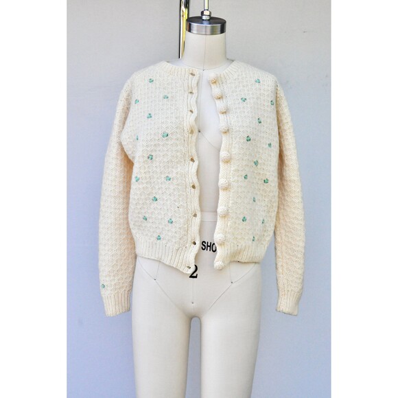 50s WOOL Floral Embroidered Cardigan GORGEOUs Little Bue Flowers Chunky XS - S - Picture 9 of 10